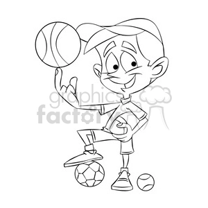 small boy playing all sports cartoon black white