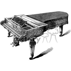 The clipart image shows a vintage, distressed piano in black and white. The design is reminiscent of pianos from the early 1900s, and it is intended to give a retro feel. The image is related to music and has a musical theme.
