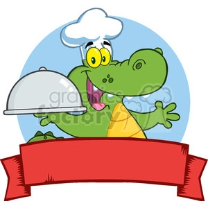 Happy Crocodile Chef Holding A Platter Over A Blank Banner