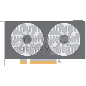 The clipart image shows a stylized representation of a modern graphics card (video card), which is a piece of computer hardware used for rendering images, videos, and animations for display. Key features visible in this clipart include two cooling fans, which suggest it is a high-performance card likely used for gaming, video editing, or possibly for cryptocurrency mining due to its high processing power. The golden fingers at the bottom indicate the part of the card that connects to the motherboard via a PCI Express slot.