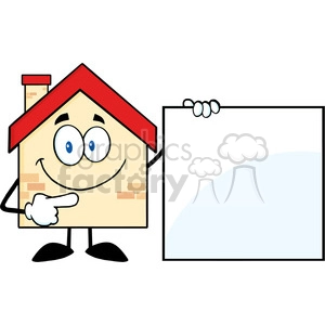 6464 Royalty Free Clip Art House Cartoon Mascot Character Showing A Blank Sign