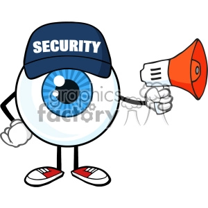 Blue Eyeball Cartoon Mascot Character Security Guard Using A Megaphone Vector