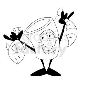 black and white cartoon sushi character holding fish