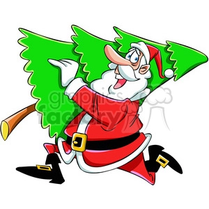 cartoon santa running with christmas tree vector art