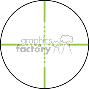 The image is a simple illustration of a sniper scope reticle. It features a circular outline with crosshairs extending from the center to the edges of the circle. The crosshairs are segmented with small dots, possibly representing measurement increments for aiming precision. The reticle is centered on a plain white background.