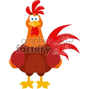 This image depicts a cartoon rooster with a humorous and friendly character design. The rooster has prominent features such as a bright red comb and wattle, an expressive face with wide blue eyes, a yellow beak, and a well-defined plumage including brown body feathers and vibrant red tail feathers. Its legs are yellow with large, exaggerated feet.