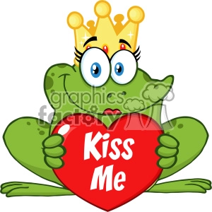 10662 Royalty Free RF Clipart Cute Princess Frog Cartoon Mascot Character With Crown Holding A Love Heart With Text Kiss Me Vector Illustration