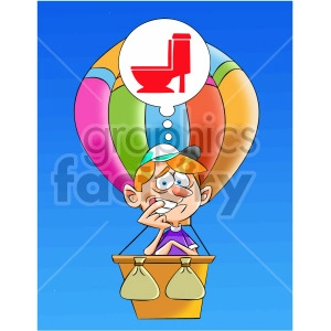 cartoon man has to got to the bathroom in hot air balloon