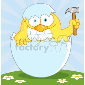 4760-Royalty-Free-RF-Copyright-Safe-Yellow-Chick-With-A-Big-Toothy-Grin-Peeking-Out-Of-An-Egg-Shell-With-Hammer