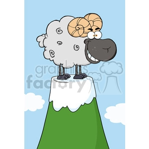 The image is a cartoon-style clipart depicting a funny ram standing on top of a mountain peak. The ram is characterized by exaggerated features such as large spiral horns, a big smiling face, and wide eyes that add to its comical appearance. Its fluffy white body contrasts with the green of the mountain and the blue sky in the background. Below the peak, there are some white clouds floating in the sky.