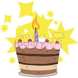 The clipart image shows a cartoon birthday cake with one lit candle and stars. It is likely designed for use in party or celebration-related contexts, particularly for first birthday parties or events. The image is created using vector graphics, allowing it to be easily scalable without losing quality.
