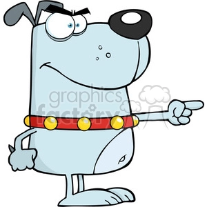 The clipart image depicts a cartoon dog that appears to be funny and comical. The dog has a slightly mad or angry expression, characterized by a raised eyebrow and sideways glance. It wears a red collar with yellow spots, and it has one black ear and a patch around its eye that resembles a pirate’s eyepatch. The dog is pointing with one paw as if it is singling something out or giving a direction, adding to the humorous aspect of the image.