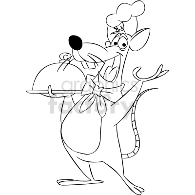This is a black and white clipart image featuring a cartoon rat or mouse dressed as a chef. The character is standing on its hind legs, wearing a chef's hat, a bow tie, and is smiling. It is holding a covered platter or dish, with one arm extended as if presenting or serving the dish.