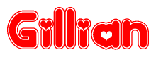 The image is a red and white graphic with the word Gillian written in a decorative script. Each letter in  is contained within its own outlined bubble-like shape. Inside each letter, there is a white heart symbol.