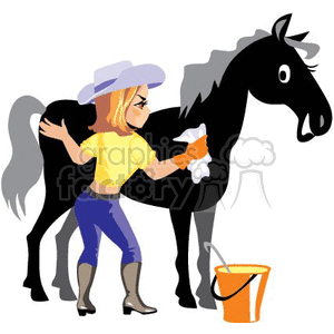 A Cowgirl wearing Grey Boots and Hat Washing her Black Horse