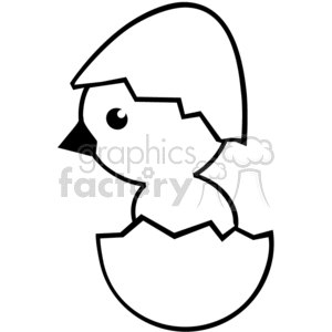 The clipart image shows a simplified, stylized depiction of a chick hatching from an egg. The chick is presented in black and white, with the head and upper body visible, and the lower body still encased in the broken shell of the egg. The chick appears to be looking to the side with one large, visible eye.