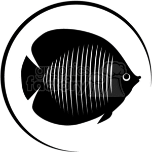 The clipart image features a stylized, side-profile view of a fish enclosed within a circle. The fish appears to be a generic representation, characterized by its bold, vertical stripes and a prominent curved dorsal fin. The image is simplified with a contrasting black and white color scheme, making it suitable for vinyl cutting and various print applications.