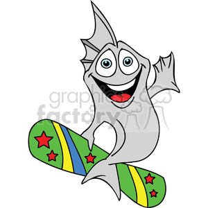 The image is a playful and cartoonish depiction of a fish using a wakeboard. The fish appears cheerful and excited, as suggested by its wide eyes and big smile. The wakeboard is colorful, featuring stripes of yellow and blue and adorned with red stars.