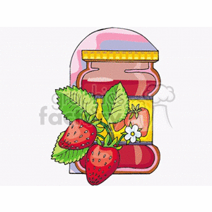 The clipart image depicts a jar of strawberry jam and a cluster of ripe strawberries with leaves and a flower. The jam jar has a label and a lid, indicating it is likely sealed and ready for storage or sale.