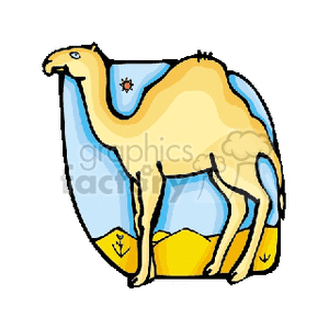 The image depicts a cartoon of a single-humped camel standing in a desert environment. The camel appears in a side view, showcasing its distinctive hump, long neck, and characteristic facial features. The background suggests a simplistic representation of sand dunes and a clear sky, common imagery for a desert scene.
 