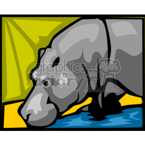 The image is a stylized clipart of a hippopotamus. You see a close-up of the animal's face and upper body, with great emphasis on the head. The hippo appears to be in water, as indicated by the blue wavy lines at the bottom of the image. The background features geometric shapes in yellow and green, which abstractly suggest sunlight and perhaps vegetation or the plains. The hippo itself is depicted in shades of gray with contour lines that highlight its features, like the eyes, nostrils, and ears.