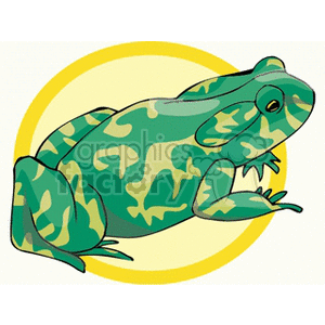 This clipart image features a stylized depiction of a green spotted frog. The frog is shown against a light yellow circular background which may suggest it is sitting on a lily pad or just the use of a contrasting backdrop to highlight the frog.