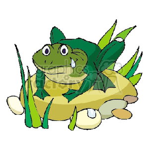 The image shows a cartoon illustration of a green frog sitting on a yellow lily pad. The frog is surrounded by blades of green grass or leaves, and the setting suggests that the frog is near a body of water, such as a river or pond bank. There are also some white pebbles or stones around the lily pad.