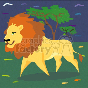 The image is a piece of clipart featuring a stylized male lion with a mane. The lion is walking in what appears to be a grassy area, with a few trees and a purple sky in the background, suggesting a jungle or savanna setting. The graphic is in a cartoonish style, with simplified details and bold colors.