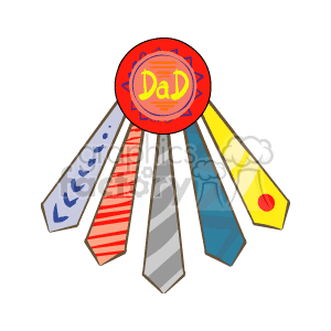 The image shows a collection of different colored and patterned neckties arranged in a radial pattern resembling the rays of the sun. At the center is a circular badge with the word Dad inscribed on it. The ties and badge create an overall appearance similar to a medal or a rosette ribbon award, suggesting celebration or acknowledgment, perhaps for Father's Day.