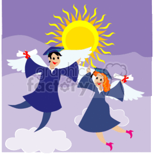 The clipart image depicts two animated characters, each with wings, wearing graduation gowns and caps, and holding diplomas. They appear to be joyfully celebrating in the sky amongst clouds with a radiant sun in the background. The overall theme suggests a celebration of educational achievement.