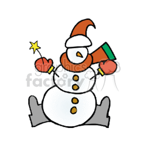 The clipart image depicts a cheerful snowman associated with the Christmas holiday season. It features the following elements:
- A carrot nose, typically used to create the snowman's nose.
- A hat, which appears to be a Santa hat, contributing to the Christmas theme.
- Red gloves, adding a pop of color and a winter-appropriate accessory.
- A star, possibly representing a Christmas star, held in one of the snowman's hands.
- Boots, which are black and stylized as if the snowman is wearing them.
- A red scarf, another winter accessory that adds to the festive look.
- The snowman is made up of two large snowballs, with three button-like details on the front.