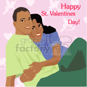 The clipart image features an African-American couple in an affectionate embrace, sharing a happy moment together with hearts floating in the background. The man is seated with the woman behind him, her arms wrapped around him in a loving hug. Both are smiling joyfully. The scene is set against a backdrop of soft pink with the phrase Happy St. Valentine's Day! prominently displayed above them.
