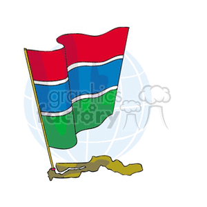 The image is a stylized illustration that features the national flag of The Gambia. The flag is depicted with red, blue, and green horizontal stripes with white borders separating the colors. It is shown waving and mounted on a pole positioned on a simplified drawing of the globe in the background, partially overlaying a shape that suggests a landmass or continent.