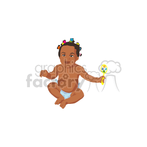 The image depicts an adorable African American baby sitting and holding a yellow rattle. The baby is wearing a diaper and has a happy expression. There are colorful bows in the baby's hair.