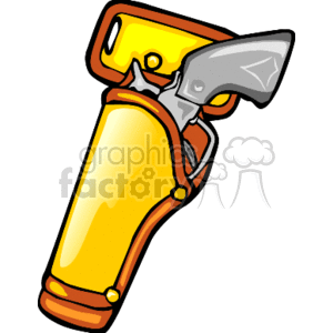 The clipart image depicts a pistol with a silver grip partially tucked into a yellow holster. The holster has detailing that suggests a western or cowboy style, typical for what might be worn by characters in the American Wild West.