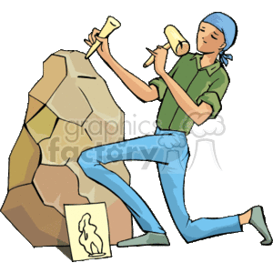 The clipart image depicts a female sculptor at work. She is carving a large rock with a chisel and hammer, shaping it into a sculpture. She is wearing a bandana, a green shirt, and blue jeans. There is also a small drawing or reference image placed on the ground next to her which shows a figure, likely indicating what she is aiming to sculpt from the rock.