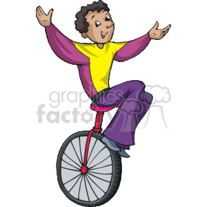 The clipart image features a person riding a unicycle. The individual is shown maintaining balance with arms outstretched and has a happy expression, indicating a display of skill and control often associated with performers or entertainers. They are wearing casual clothing including a two-tone shirt (yellow and purple) and purple pants.