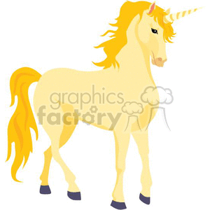 This clipart image depicts a unicorn, which is a fictional fantasy character traditionally characterized by its horse-like appearance with a single, spiraling horn on its forehead. The unicorn in this image has a pale yellow body with a golden mane and tail, and it has a white and gold horn.