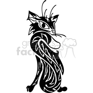 This is a black and white clipart image of an abstract, stylized cat. The design is simplified and features bold, contrasting lines that emphasize the shapes and patterns of the cat's body and fur, suitable for vinyl cutting or signage purposes.