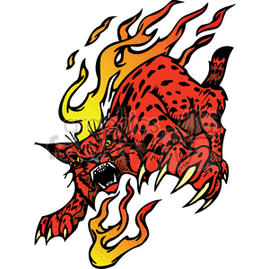 The clipart image depicts a stylized tiger with flames enveloping and emanating from its body. The tiger appears to be in a dynamic pose as if it's leaping or attacking. Its claws are extended, and its expression is fierce. The entire design features bold colors and is reminiscent of a traditional tattoo artwork with a flame motif.