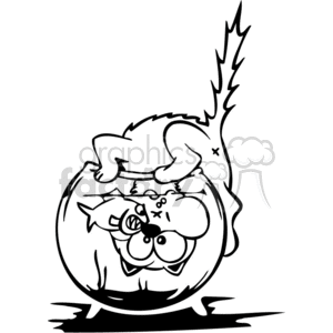 The clipart image features a comically depicted cat with its head stuck inside a fishbowl. The cat appears to be trying to bite or catch a goldfish, which is also humorously illustrated with a surprised expression. The image embodies a playful and funny scenario common in cartoons and humorous art where a feline's curiosity leads it into a tricky situation while attempting to fish.