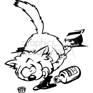 This is a black-and-white clipart image showing a cartoonish depiction of a cat in a state of disarray. The cat appears disheveled, with tufts of fur sticking out erratically, and has a pronounced, unhappy facial expression. Next to the cat is an overturned bottle labeled XX with liquid spilling out, which traditionally signifies alcohol in cartoons. There is also a small bottle cap nearby. The cat's posture and the context suggest that the cat is hungover or ill, portrayed in a humorous light.