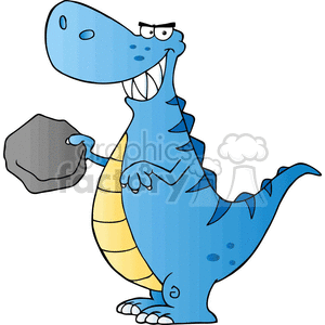 The image features a humorous and stylized depiction of a blue Tyrannosaurus Rex (T-Rex) standing upright. The dinosaur character seems jovial and is holding a grey boulder in its left hand. It has a large head with prominent teeth, a pair of small arms with three fingers on each hand, a long tail, and two large feet with three toes each. The T-Rex also exhibits a light yellow underbelly, with shades of blue on its back and tail, and it has an animated facial expression with raised eyebrows, suggesting a cheeky or mischievous attitude.