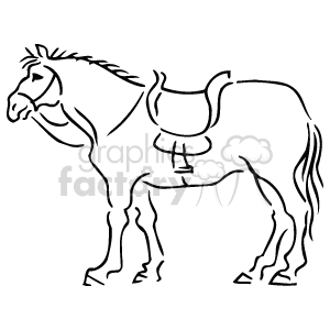 The clipart image shows a black-and-white drawing of a cartoonish horse. It is standing on all four legs. It has a saddle on
