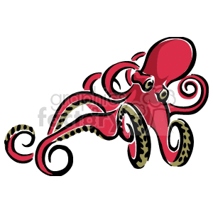 The image is a stylized clipart of a red octopus. It features the octopus in a dynamic pose with swirling tentacles, some of which have a pattern of what looks like suction cups.