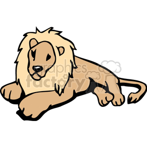 The image is a clipart illustration of a male lion, recognizable by its prominent mane. The lion appears to be in a relaxed yet alert pose. There is a cartoonish style to the depiction, emphasizing the lion's distinguishing features such as its mane, tail, and facial characteristics.