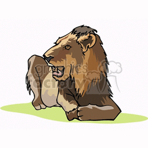 This clipart image depicts a stylized illustration of a lion sitting with its mouth open as if it's roaring. The lion appears to be at rest yet displaying a powerful expression with its open mouth.