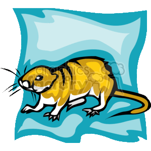 The image is a stylized, cartoon-like clipart of a rat. The rat is colored in shades of yellow and brown and is displayed with prominent features such as a long tail, pointed snout, and large ears. The background appears to be an abstract blue shape, possibly representing an area where the rat is situated. The image encapsulates a playful representation of the animal.