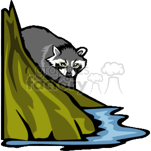 The image is a clipart illustration that depicts a raccoon peeking out from behind a tree trunk, next to a stream or pool of water. The image captures the raccoon in a characteristic curious pose, with emphasis on its distinctive facial mask and bushy tail, both common features of raccoons. The use of simple shapes and colors makes it clear that this is a stylized representation, suitable for use in various media such as educational materials, children's books, or as web graphics.