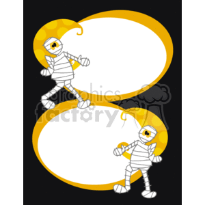 This clipart image features a Halloween theme with two illustrated mummies. Each mummy is drawn in a cartoon style, wrapped in bandages, with one exposed eye and positioned as if they are walking. They are placed to the left side of two oval frames with a yellow and black polka dot pattern on their inner border and a plain yellow outer border. The frames appear to be layered, with the top one slightly smaller than the bottom one. These frames are likely intended for use as decorative borders where text or other imagery could be added within the white space for holiday-themed events or materials.
